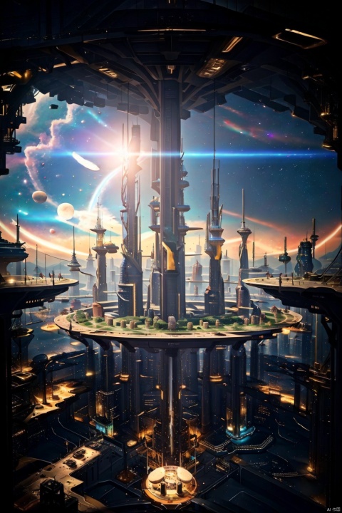  Panorama, Universe, Sky, Planet, Sun, Cities Floating in the Universe, Sci-Fi Scene 0.5, Holographic Display 0.5, Cosmic Nebula 0.5, Ray 0.5, Cyberpunk 0.5, Dreampunk 0.5, Sci-Fi Architecture 0.5, Realistic 1.4, Cool, Highest Quality, Highest picture quality, 8k resolution, super resolution, detail, super detail, high detail, perfect detail
