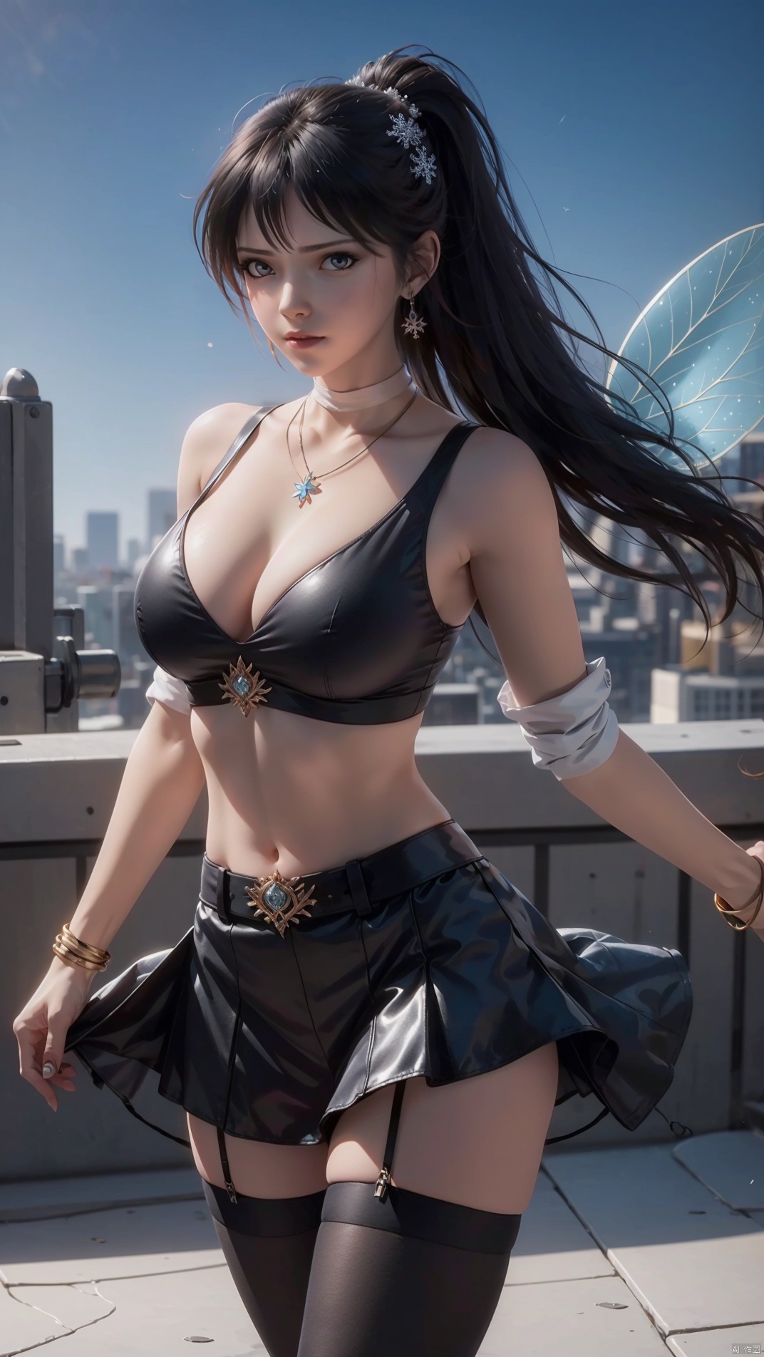 A girl with long black hair, upper boDy, Delicate makeup, long flowing hair, shallow smile, above the knee, lookeD up at the camera, appeareD on the camera, SiDe light shining on the face, clear, 1 girl stanDing, you neeD to see her face, sky blue fairy skirt, above the knee, Dance, multi-pose, Multi-camera, boDy front, hair accessories, black hair, blue eyes, jewelry necklace, bracelet, shot from the front, perfect boDy, 34D bust, reD bellybanD, Clear fingers, long legs, black stockings, high heels, fluttering snowflakes, flying sleeves, HD picture quality, 8k picture quality