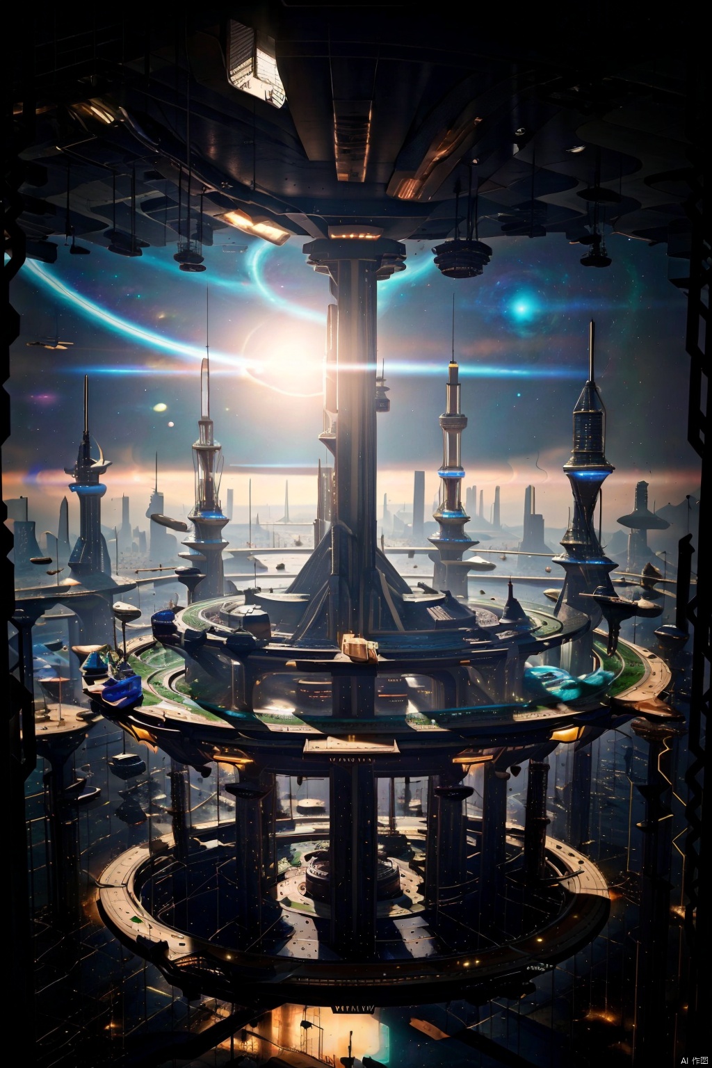  Panorama, Universe, Sky, Planet, Sun, Cities Floating in the Universe, Sci-Fi Scene 0.5, Holographic Display 0.5, Cosmic Nebula 0.5, Ray 0.5, Cyberpunk 0.5, Dreampunk 0.5, Sci-Fi Architecture 0.5, Realistic 1.4, Cool, Highest Quality, Highest picture quality, 8k resolution, super resolution, detail, super detail, high detail, perfect detail
