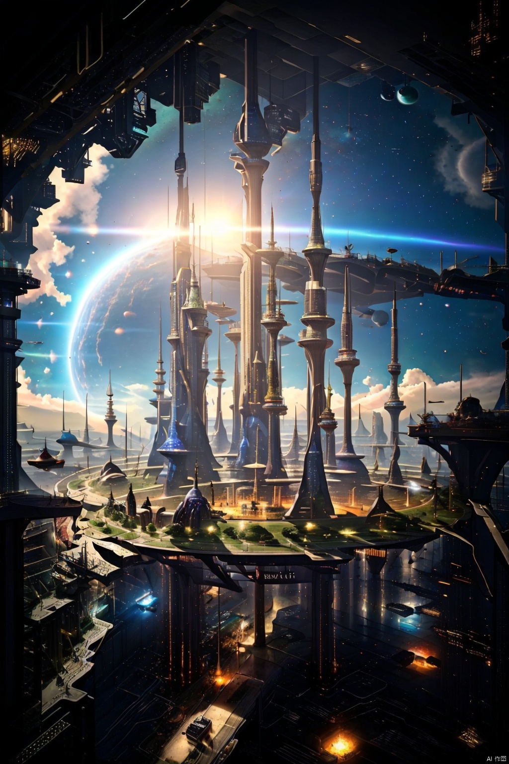  Panorama, Universe, Sky, Planet, Sun, Cities Floating in the Universe, Sci-Fi Scene 0.5, Holographic Display 0.5, Cosmic Nebula 0.5, Ray 0.5, Cyberpunk 0.5, Dreampunk 0.5, Sci-Fi Architecture 0.5, Realistic 1.4, Cool, Highest Quality, Highest picture quality, 8k resolution, super resolution, detail, super detail, high detail, perfect detail