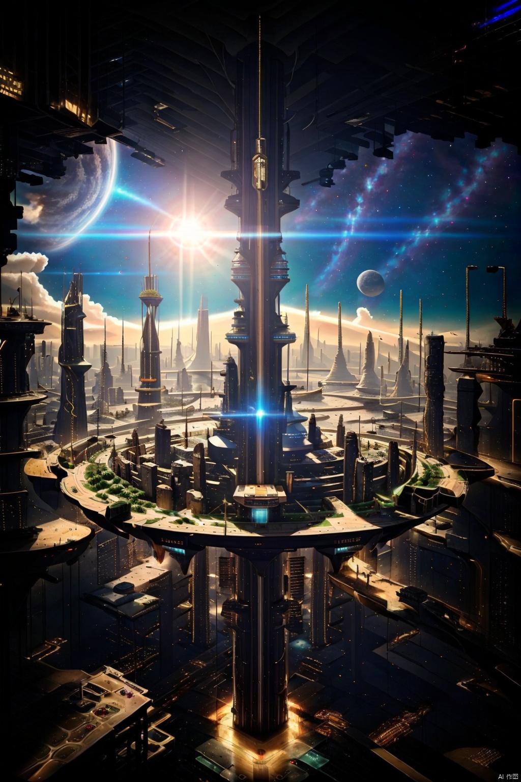  Panorama, Universe, Sky, Planet, Sun, Cities Floating in the Universe, Sci-Fi Scene 0.5, Holographic Display 0.5, Cosmic Nebula 0.5, Ray 0.5, Cyberpunk 0.5, Dreampunk 0.5, Sci-Fi Architecture 0.5, Realistic 1.4, Cool, Highest Quality, Highest picture quality, 8k resolution, super resolution, detail, super detail, high detail, perfect detail