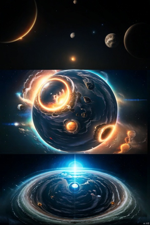 Picture specification 512 * 512, panoramic, no human, universe, sky, planets, sun, picture right above the middle, half planet, earth yellow, Black spot, blue aperture in the center of the image, singularity in the aperture, aging singularity, floating city below the middle, sci-fi scene 0.5, Holographic Display 0.5, Cosmic Nebula 0.5, Light 0.5, Cyberpunk 0.5, Dreampunk 0.5, Sci-Fi Architecture 0.5, Realistic 1.4, cool, highest quality, highest picture quality, 8k resolution, super resolution, detail, super detail, high detail, perfect detail