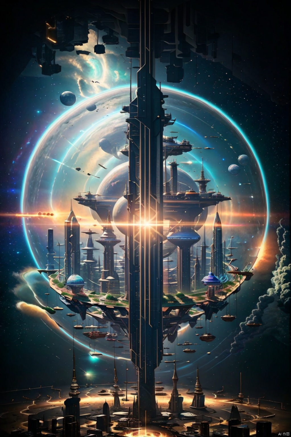  Panorama, Universe, Sky, Planet, Sun, Cities Floating in the Universe, Sci-Fi Scene 0.5, Holographic Display 0.5, Cosmic Nebula 0.5, Ray 0.5, Cyberpunk 0.5, Dreampunk 0.5, Sci-Fi Architecture 0.5, Realistic 1.4, Cool, Highest Quality, Highest picture quality, 8k resolution, super resolution, detail, super detail, high detail, perfect detail