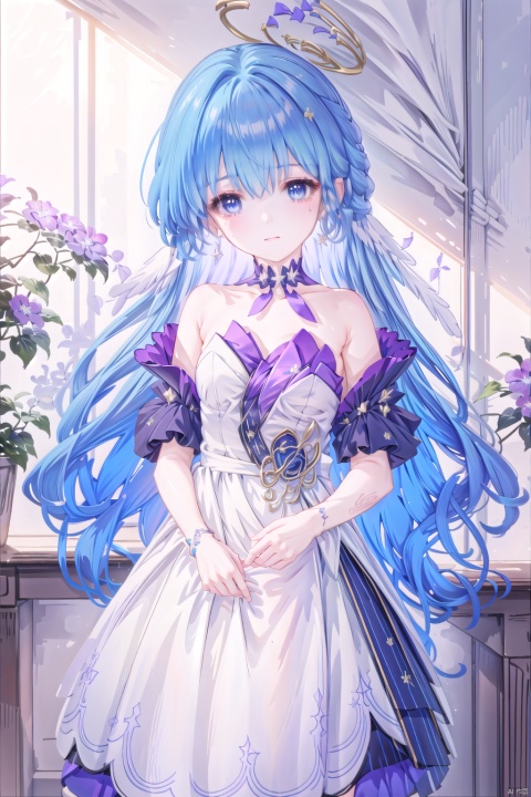  1girl,(masterpiece:1.3),( beautiful:1.2),(high quality:1.2),(finely detailed:1.2),extremely detailed CG unity 8k wallpaper,best quality,a very delicate and beautiful,perfect fingers,(one cute girl at the center:1.2),
robinSR,bangs,blue eyes,dress,blue dress,purple dress,bow,hair between eyes,bare shoulders,jewelry,medium breasts,blue hair,earrings,wings,strapless,halo,hair intakes,head wings,strapless dress, robinSR