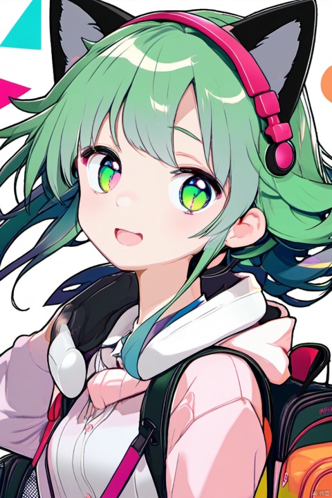 1girl,(masterpiece:1.3),( beautiful:1.2),(high quality:1.2),(finely detailed:1.2),extremely detailed CG unity 8k wallpaper,best quality,
looking at viewer, short hair, long sleeves, animal ears, green eyes, upper body, green hair, cat ears, hood, bag, fake animal ears, headphones, mouth hold, backpack, multicolored eyes, multicolored background, colorful, animal ear headphones, cat ear headphones