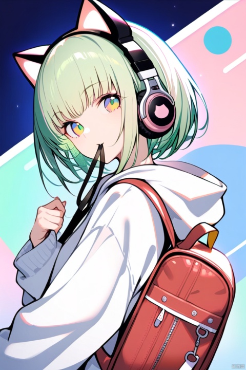 1girl,(masterpiece:1.3),( beautiful:1.2),(high quality:1.2),(finely detailed:1.2),extremely detailed CG unity 8k wallpaper,best quality,
looking at viewer, short hair, long sleeves, animal ears, green eyes, upper body, green hair, cat ears, hood, bag, fake animal ears, headphones, mouth hold, backpack, multicolored eyes, multicolored background, colorful, animal ear headphones, cat ear headphones