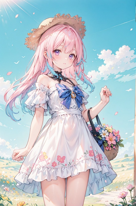  masterpiece),(best quality),1girl,outdoors,solo,sangonomiya kokomi,(no pupils:1.1),pink hair,blue hair,bow-shaped hair,multicolored hair,purple eyes,pink eyes,bangs,(long hair:1.1),(very long hair:1.1),blunt bangs,ribbon,small breasts,
hat,dress,flower,pink flower,yellow flower,(straw hat:1.2),hat bow,white dress,off-shoulder dress,(bow:1.1),frills,bare shoulders,blush,closed mouth,day,sunlight,sky,blue sky,cloud,wind,field,petals,(flower field:0.9),(tree:0.8),(front view:1.2),from_above,(looking_at_viewer:1.2),(eye-contact:1.2),(countryside:1.1),(wheat straw:1.1),(Straw field:1.2),standing,(holding_basket:1.1),arm up,