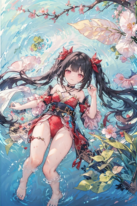  1girl,twintails,black hair,red eyes,lying,(middle of a lake:1.2),(lie flat on the water surface:1.2),full body,sakura blossoms,holding petals,(pink background,simple background:0.9),simple drawing,from_above,front view,(full_shot:1.2),mid_shot,wide_shot,