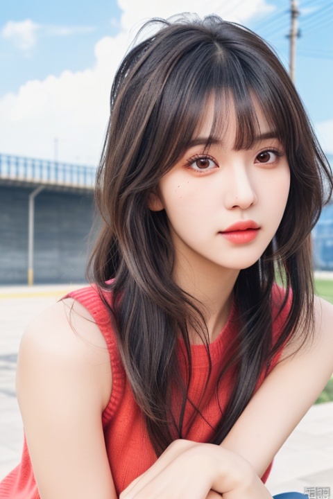1girl, solo, long hair, looking at viewer, bangs, biue hair,black eyes, closed mouth,upper body,outdoors, sky, sleeveless, day, artist name, blue sky, lips, sleeveless,yellow sweater, realistic, nose, 1girl,moyou,big chest, depth of field,