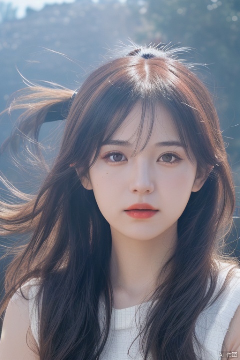 1girl, solo, long hair, looking at viewer,orange hair,red sweater, black eyes,closed mouth,red sweater, upper body, ponytail, outdoors, sky, sleeveless, day, artist name, blue sky, lips, sleeveless red sweater, realistic, nose, Light master, tm, jujingyi, 1girl, depth of field