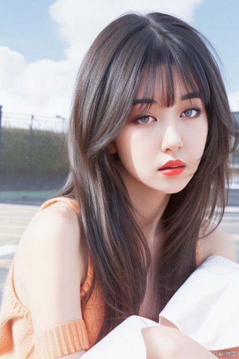 1girl, solo, long hair, looking at viewer, bangs, black hair,black eyes, closed mouth,upper body,outdoors, sky, sleeveless, day, artist name, blue sky, lips, sleeveless,orange sweater, realistic, nose, 1girl,moyou