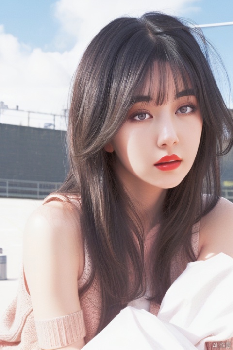 1girl, solo, long hair, looking at viewer, bangs, black hair,black eyes, closed mouth,upper body,outdoors, sky, sleeveless, day, artist name, blue sky, lips, sleeveless,orange sweater, realistic, nose, 1girl,moyou