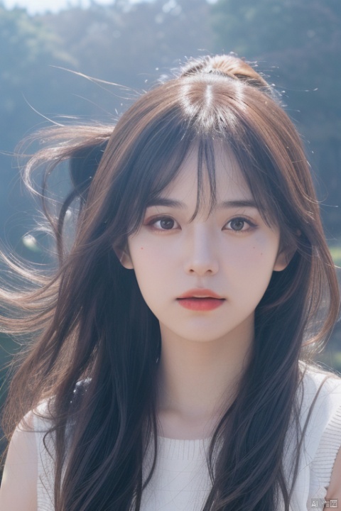 1girl, solo, long hair, looking at viewer, bangs, orange hair,red sweater, black eyes,closed mouth,sweater, upper body, ponytail, outdoors, sky, sleeveless, day, artist name, blue sky, lips, sleeveless sweater, realistic, nose, Light master, tm, jujingyi, 1girl, depth of field