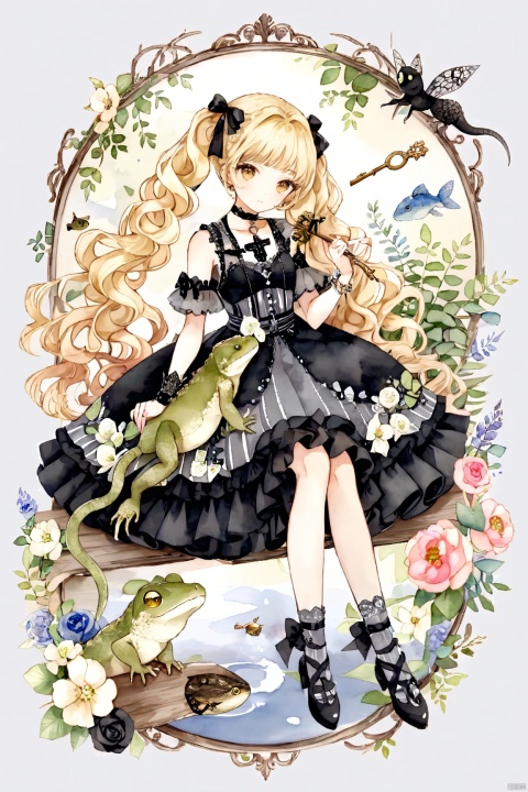  1girl,blonde hair,flower,dress,bow,rose,long hair,hair bow,signature,black eyes,dragon,cross,traditional media,multicolored flower,monster girl,blush,solo,drill hair,wings,black dress,painting (medium, sitting, blue, watercolor),lolita fashion,black flower,snake,ribbon,black rose,gothic lolita,black bow,sleeveless,lizard,striped,scales,yellow eyes,thorns,animal (animal),bare shoulders,sleeveless dress,looking at viewer,gray dress,no nose,background,flying,holding,fish,full body,jewelry,from above,bare arms,clothing cutout,frog,hair ornament,hair ribbon,frilled dress,fingernails,vines,small breasts,very long hair,breasts,two drills,curly hair,choker,plant,two-tone flair,date,cheat,ringlets,girl ray,twintails,big hair,looking at another,nail polish,gray eyes,white flower,lace,key,black wings,eyelashes,harness,wavy hair,