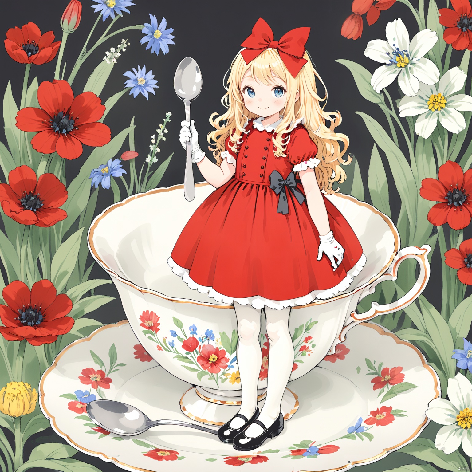 a minigirl holding a oversized spoon, solo, dress,long hair, bow, oversized teacup, blonde hair, hair bow, gloves,white gloves, flower, red dress, red bow, black mary janes, looking at viewer, bangs, standing, short sleeves, saucer, white pantyhose,:> , paleColor