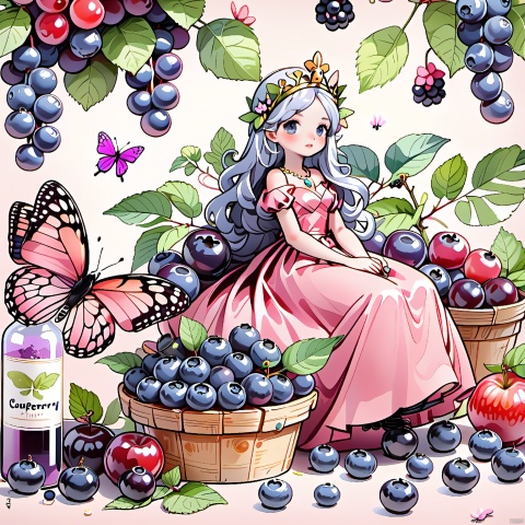 1girl, bug, butterfly, food, long hair, dress, flower, solo, blueberry, fruit, leaf, plant, crown, very long hair, grapes, bottle, necklace, pink dress