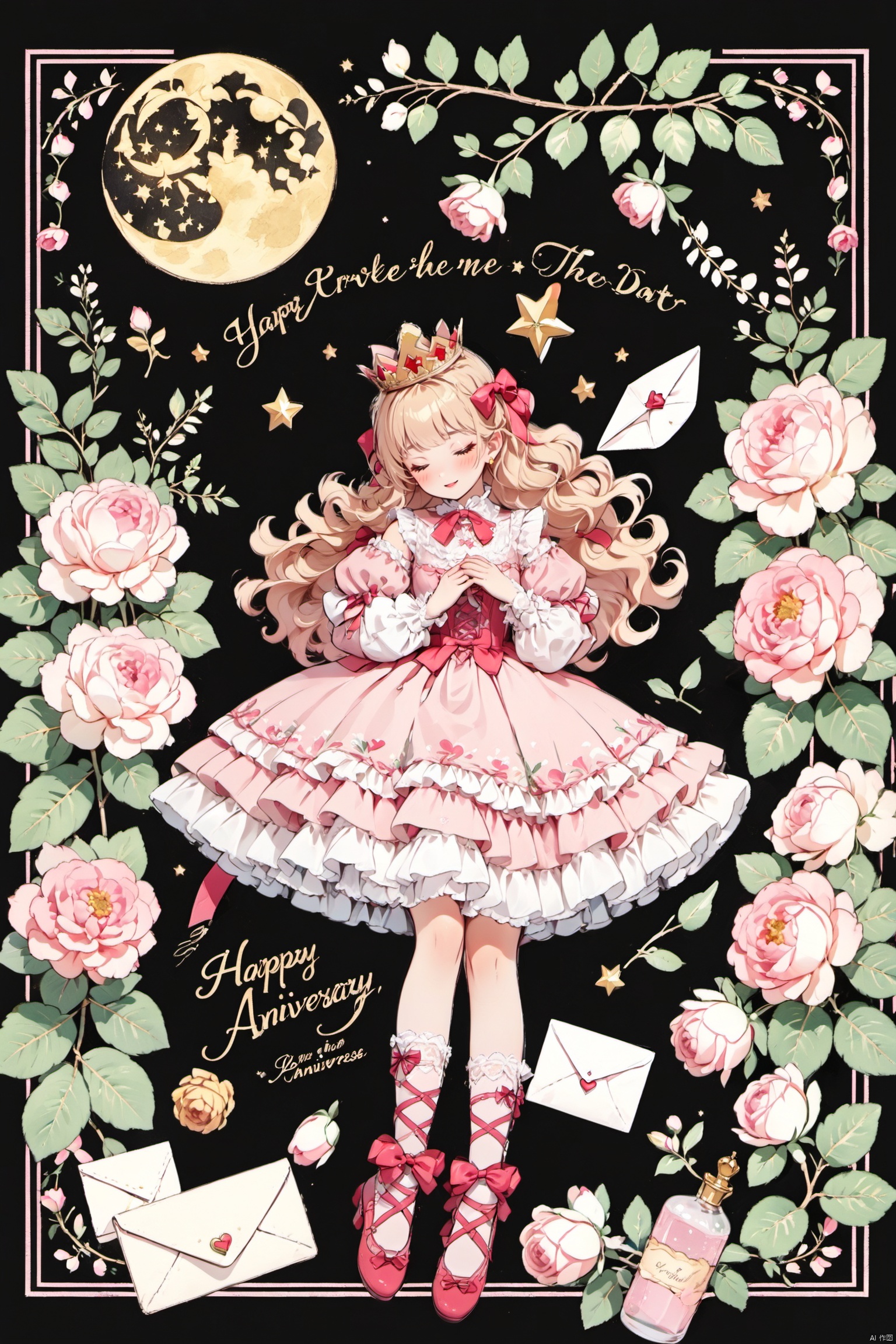  1girl, solo, long hair, flower, closed eyes, dress, crown, blonde hair, gift, rose, long sleeves, moon, white flower, frills, full body, crescent moon, crescent, dated, frilled dress, pink dress, sparkle, pink footwear, bangs, white rose, hands on own chest, thorns, english text, plant, gift box, heart, box, shoes, red footwear, bow, petals, own hands together, ribbon, vines, puffy sleeves, frilled sleeves, grey background, puffy long sleeves,blunt bangs, very long hair, cross-laced footwear, wavy hair, red bow, high heels, leaf, petticoat, parted lips, character name, lolita fashion, hands up, white shirt, simple background, curly hair, black background, star (symbol), pink bow, frilled shirt collar, shirt, pink ribbon, red ribbon, red dress, rose petals, twitter username, sweet lolita, ballet slippers, hand on own chest, blush, closed mouth, on back, floral background, white legwear, frilled skirt, princess, floating, envelope, pink flower, layered dress, cross-laced clothes, eyelashes, anniversary, lips, watermark, pantyhose, personification, ankle lace-up, makeup, letter, lying, juliet sleeves, smile, sleeveless,
