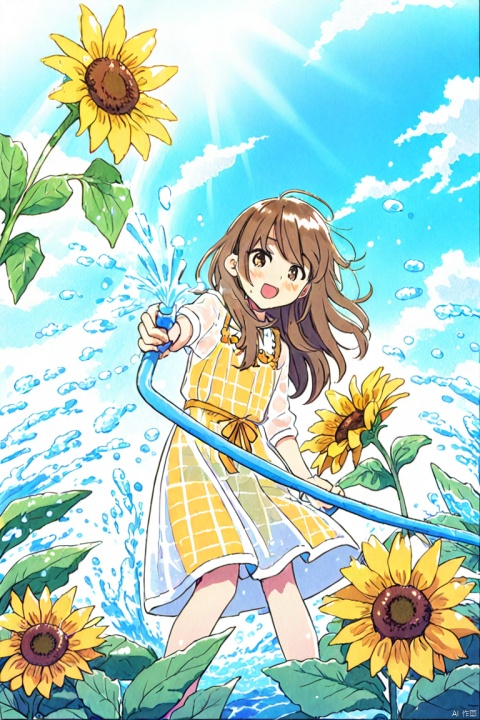 1girl,solo,flower,sunflower,dress,brown hair,long hair,breastswater,see-through,sky,face_focus,watering the flowers with hose, water splashes,dynamic pose