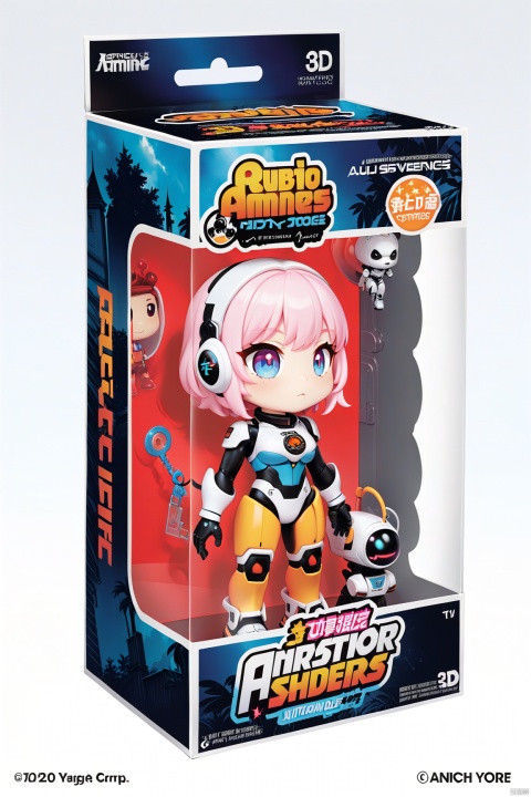 toy packaging design,3D IP\(hubgstyle)\,
masterpiece, best quality,8K,official art, ultra high res, 
1girl,chibi, full body, robot, astronauts outdoors, flowers, trees,
anime style, key visual, vibrant, studio anime,