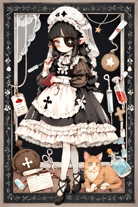  animal ears,cat,dress,black de hair,intravenous drip,horns,white legwear,shoes,braid,bow,long hair,cat ears,frills,veil,cross,1girl,black dress,black footwear,eyepatch,bride,bride,black,bride,black,cat,curtains,apron,frilled dress,standing,looking at viewer,blunt bangs,lolita fashion,bucket,pantyhose,solo,wooden floor,syringe,bandages,book,blood bag,cat tail,ribbon,nurse,white bow,multiple girls,latin cross,clothed animal,indoors,why hairs,bandaid,heterochromia,star (symbol),key,gothic lolita,animal (animal),frilled apron,lace,blood,no nose,noose,scissors,child,puffy sleeves,pill,hat,cat girl,holding bucket,clipboard,petticoat,no mouth,tag,neck,lace trim,maist,medicine,thermometer,english,sleeves,text,maist,noun,see-through,traditional media,jewelry,black ribbon,habitat,holding syringe,safety pin,two tails,border,black background,