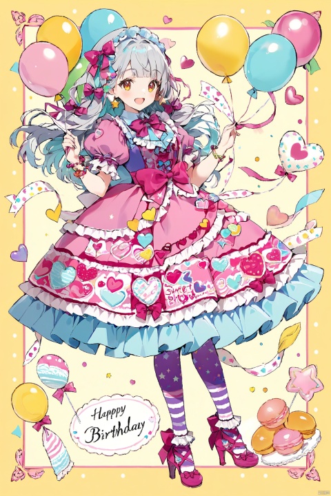  1girl, solo, balloon, bow, dress, hair bow, long hair, short sleeves, puffy sleeves, puffy short sleeves, frills, star (symbol), bangs, pink dress, pink bow, print dress, floral print, pantyhose, full body, frilled dress, holding balloon, heart, blue bow, string of flags, heart balloon, holding, confetti, pink footwear, blush, looking at viewer, yellow background, hand up, aqua hair, shoes, pennant, high heels, ribbon, print legwear, tassel, star hair ornament, blue neckwear, english text, smile, jewelry, petticoat, grey hair, bowtie, grey eyes, blunt bangs, open mouth, dated, red bow, bracelet, print skirt, parted lips, lolita fashion, beads, pink eyes, green hair, simple background, polka dot, center frills, purple bow, pink legwear, character name, crescent, pastel colors, purple legwear, patterned clothing, food, artist name, purple dress, aqua bow, footwear bow, collared dress, happy birthday, rose print, blue ribbon, polka dot bow, signature, multicolored, flower, neck ribbon, hair ornament, frilled skirt, yellow eyes, striped, white legwear, frilled sleeves, food print, streamers, blue hair, medium hair, skirt, multicolored clothes, pink ribbon, floating, sweet lolita, beige background, fruit