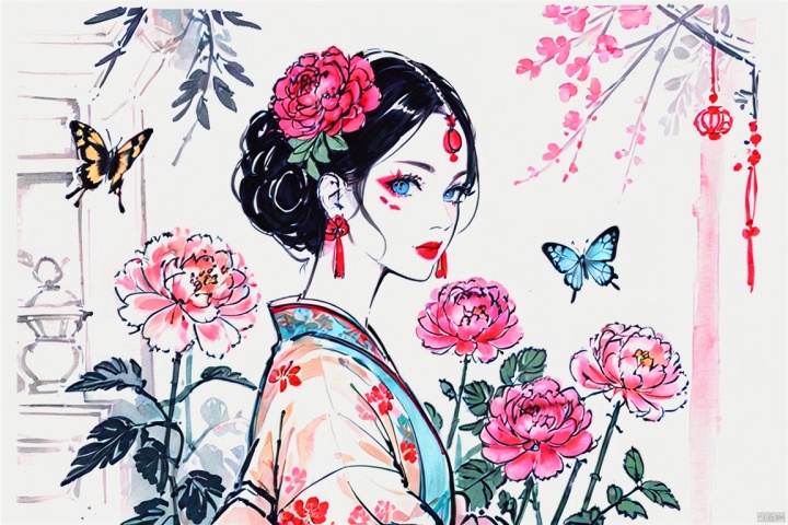  1girl, flower, bug, hair ornament, butterfly, solo, blue eyes, peony (flower), hair flower, black hair, nail polish, jewelry, chinese clothes, red lips, pink flower, forehead mark, earrings, hanfu, makeup, rose, hair rings, lipstick, facial mark, braid, hair stick,in sprint