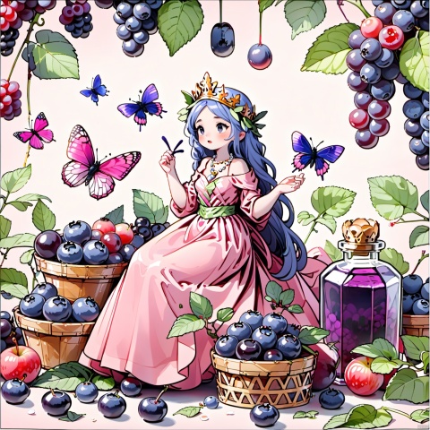 1girl, bug, butterfly, food, long hair, dress, flower, solo, blueberry, fruit, leaf, plant, crown, very long hair, grapes, bottle, necklace, pink dress