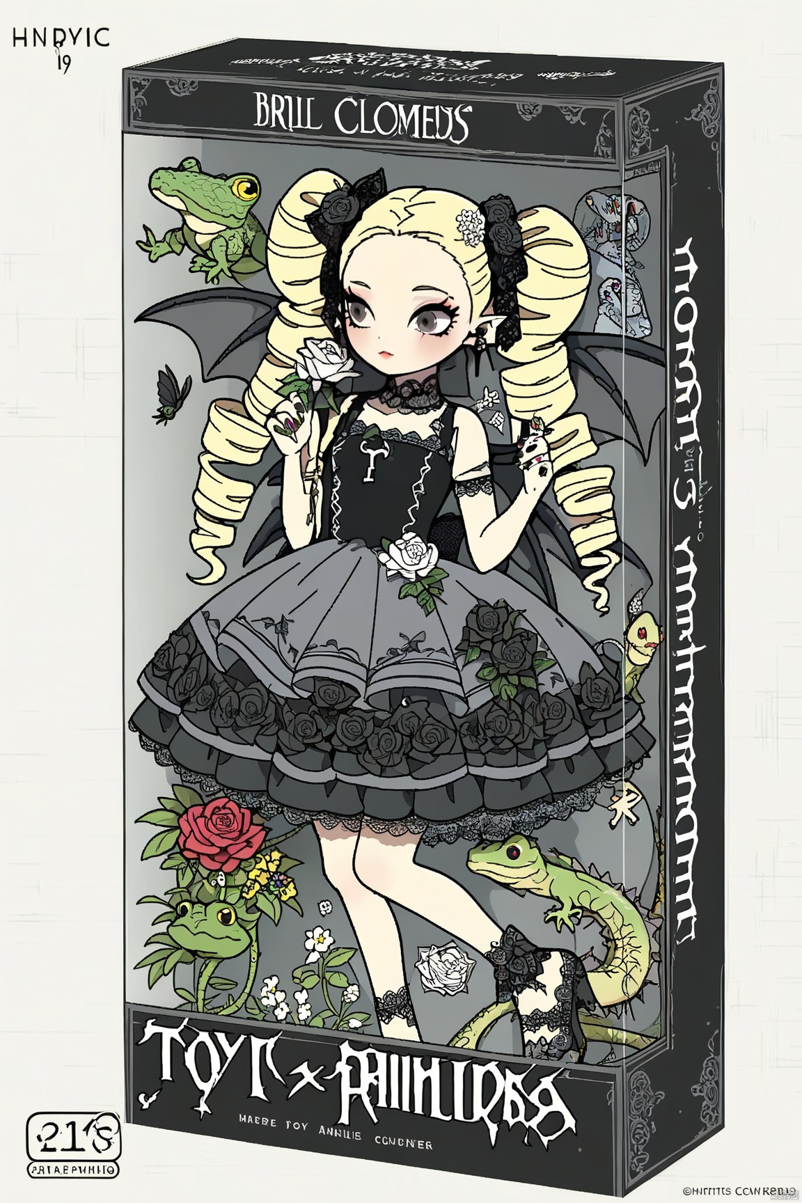 (toy packaging design:1.3),1girl,blonde hair,flower,dress,bow,rose,long hair,hair bow,black eyes,dragon,cross,multicolored flower,monster girl,blush,solo,drill hair,wings,black dress,black flower,snake,ribbon,black rose,gothic lolita,black bow,sleeveless,lizard,striped,scales,yellow eyes,thorns,bare shoulders,sleeveless dress,gray dress,no nose,flying,holding,fish,full body,jewelry,from above,bare arms,clothing cutout,frog,hair ornament,hair ribbon,frilled dress,fingernails,vines,small breasts,very long hair,two drills,curly hair,choker,plant,two-tone flair,date,cheat,ringlets,girl ray,twintails,big hair,nail polish,gray eyes,white flower,lace,key,black wings,eyelashes,harness,wavy hair,grey background