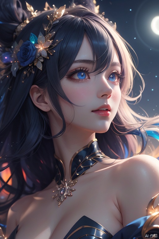 masterpiece, best quality, 1girl, colorful, colorful_hair, highest detailed, detailed gorgeous face, detailed_eyes, (light in eyes), ray_tracing, night_sky, Dreamy Atmosphere, cosplay, detailed_background, middle_breasts, upper_body,