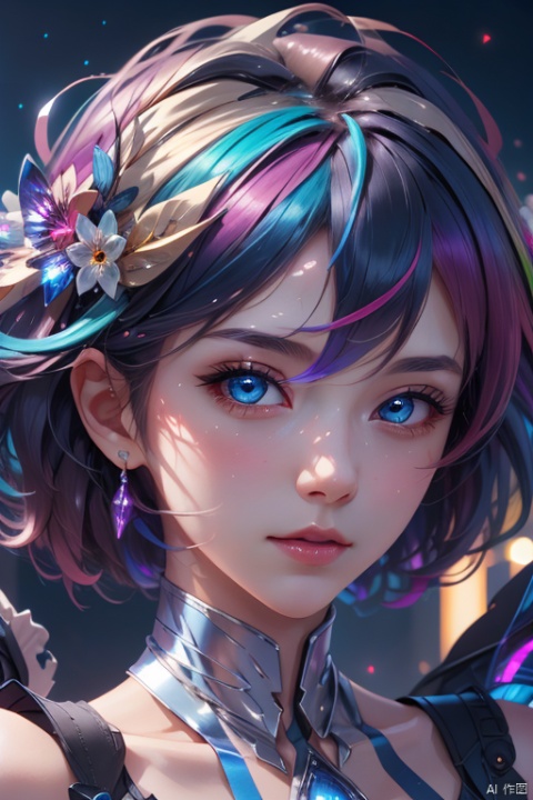 masterpiece, best quality, 1girl, colorful, (colorful_hair), highest detailed, detailed gorgeous face, detailed_eyes, eye_glow, ray_tracing, night_sky, Dreamy Atmosphere, cosplay, detailed_background, middle_breasts, full_body,