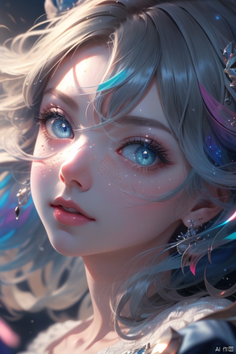 masterpiece, best quality, 1girl, colorful, colorful_hair, highest detailed, detailed gorgeous face, detailed_eyes, (light in eyes), ray_tracing, night_sky, Dreamy Atmosphere, cosplay, detailed_background, middle_breasts,
