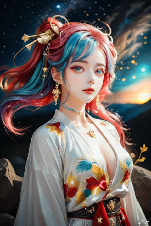 masterpiece, best quality,  8k, 1girl, colorful, vivid color,  (colorful_hair), (full body), standing, highest detailed, detailed gorgeous face, detailed_eyes, ((heterochromia), (shine_eyes)),   ray_tracing, night_sky, cosplay, detailed_background, middle_breasts, Girl, Beautiful Eyes, mliuyuun