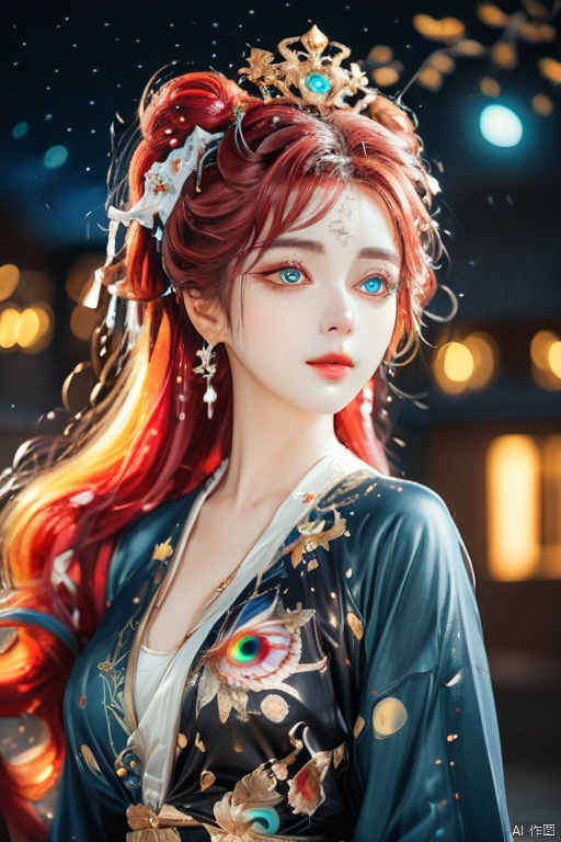 masterpiece, best quality,  8k, 1girl, colorful, vivid color,  (colorful_hair), (full body), standing, highest detailed, detailed gorgeous face, detailed_eyes, ((heterochromia), (shine_eyes)),   ray_tracing, night_sky, cosplay, detailed_background, middle_breasts, Girl, Beautiful Eyes, mliuyuun