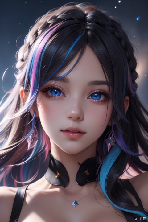 masterpiece, best quality, 1girl, colorful, colorful_hair, highest detailed, detailed gorgeous face, detailed_eyes, (light in eyes), ray_tracing, night_sky, Dreamy Atmosphere, cosplay, detailed_background, middle_breasts,