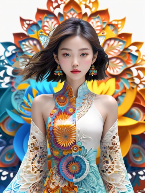  a girl formed of colored glaze,looking at viewers,coloured glaze, transparent liquid_clothes, papercut_background, white_background:0.6, official art,unity 8k wallpaper,ultra detailed,beautiful and aesthetic,masterpiece,best quality,(zentangle, mandala, entangle),(fractal art:1.3),extremely detailed,dynamic angle,cowboyshot,the most beautiful form of chaos,elegant,a brutalist designed,vivid colours,gorgeous asian girl,