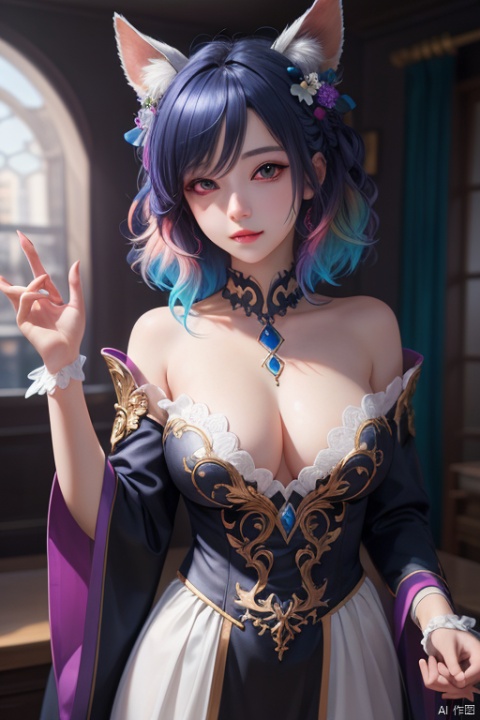 masterpiece, best quality, 1girl, colorful, colorful_hair, highest detailed, detailed_eyes, glowing_eyes, ray_tracing, Dreamy Atmosphere, cosplay, detailed_background, middle_breasts,