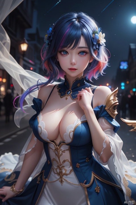 masterpiece, best quality, 1girl, colorful, colorful_hair, highest detailed, detailed_eyes, (light in eyes), ray_tracing, night_sky, Dreamy Atmosphere, cosplay, detailed_background, middle_breasts,
