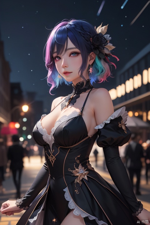 masterpiece, best quality, 1girl, colorful, colorful_hair, detailed, detailed_eyes, glowing_eyes, ray_tracing, night_sky, star_light, cosplay, detailed_background, middle_breasts,