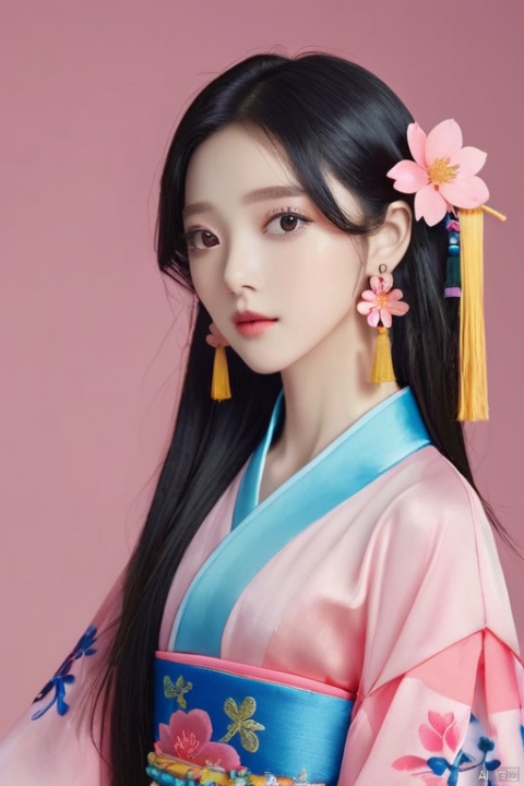 GBH, 1girl, solo, jewelry, black hair, earrings, hair ornament, flower, looking at viewer, hair flower, long hair, chinese clothes, simple background, pink flower, blush, makeup, closed mouth, tassel earrings, portrait, tassel, blue eyes, simple background