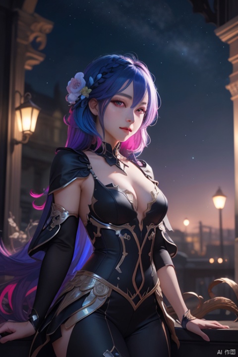 masterpiece, best quality, 1girl, colorful, colorful_hair, highest detailed, detailed_eyes, glowing_eyes, ray_tracing, night_sky, Dreamy Atmosphere, cosplay, detailed_background, middle_breasts,