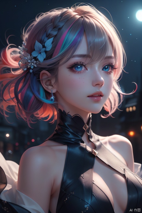 masterpiece, best quality, 1girl, colorful, colorful_hair, highest detailed, detailed gorgeous face, detailed_eyes, (light in eyes), ray_tracing, night_sky, Dreamy Atmosphere, cosplay, detailed_background, middle_breasts, full_body,