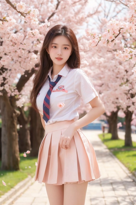  masterpiece,1 Girl,18 years old,Stand,Look at me,Lovely,Sweet,Wearing a school uniform,Students,Tie,Miniskirt,Outdoors,Aisle,Spring,Peach blossom,Flying petals,Long hair,textured skin,super detail,best quality, (\meng ze\)