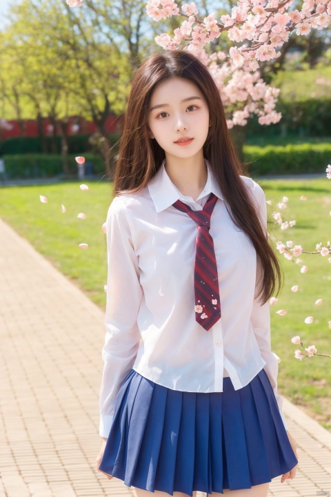  masterpiece,1 Girl,18 years old,Stand,Look at me,Lovely,Sweet,Wearing a school uniform,Students,Tie,Miniskirt,Outdoors,Aisle,Spring,Peach blossom,Flying petals,Long hair,textured skin,super detail,best quality, (\meng ze\)