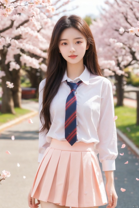  masterpiece,1 Girl,18 years old,Stand,Look at me,Lovely,Sweet,Wearing a school uniform,Students,Tie,Miniskirt,Outdoors,Aisle,Spring,Peach blossom,Flying petals,Long hair,textured skin,super detail,best quality, (\meng ze\)