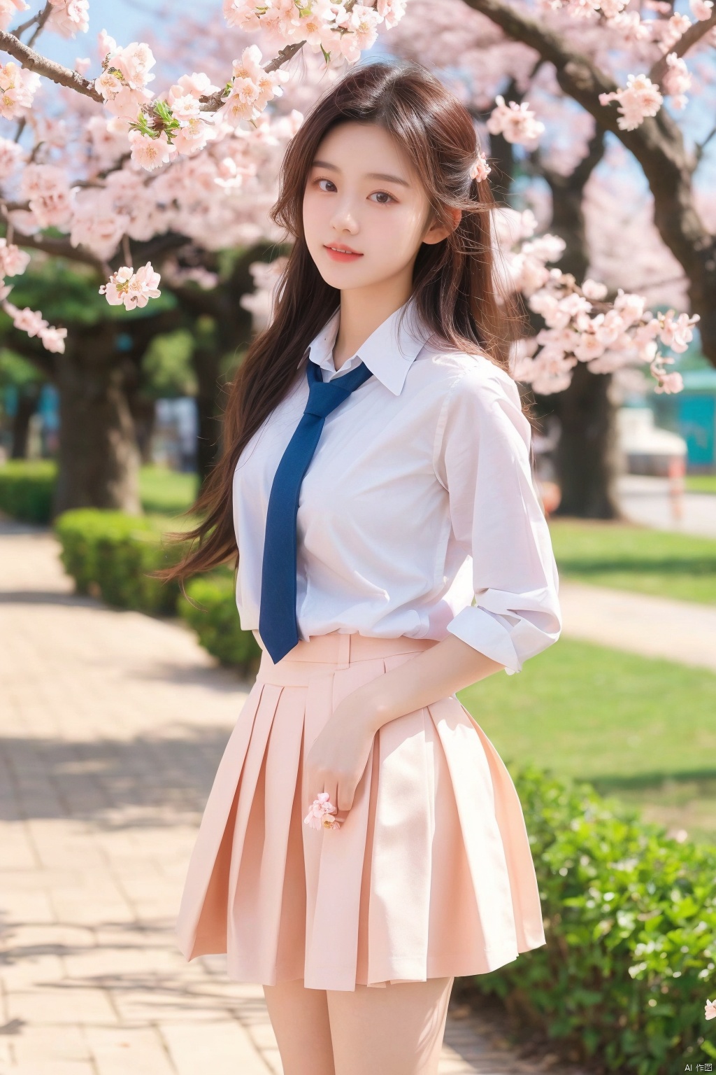  masterpiece,1 Girl,18 years old,Stand,Look at me,Lovely,Sweet,Wearing a school uniform,Students,Tie,Miniskirt,Outdoors,Aisle,Spring,Peach blossom,Flying petals,Long hair,textured skin,super detail,best quality, (\meng ze\)