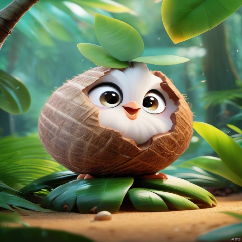 Yebeibei is a strange and cute little elf, with a body like a big coconut and a shell carved with coconut texture. Its big black eyes always sparkle with a clever light, and its small pout often wears a shy smile. And the most unique thing is the pair of emerald green coconut leaves growing slowly above its head, swaying gently in the wind and full of vitality. Coconut buds play and fish in rainforest streams, tropical rainforests,treehouse,landscape,panorama

(Best Quality) (Masterpiece, Boutique, Boutique, Official Art, Beautiful and Elegant: 1.2), Cute, Blind Box, Boutique, Solo, Blind Box, Boutique, Super Cute, Cartoon IP, Light and Shadow, (Realistic, Photo Fidelity: 1.37), 8K, Coconut Chicken