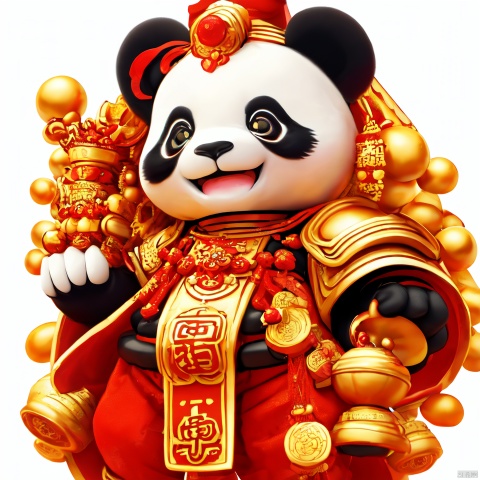 A panda, {real}, white background, plush, clean picture, wearing armor, not a hat, with a gourd hanging from the waist, [red], white, [gold], golden pupils, panda's eye circles, red clothes