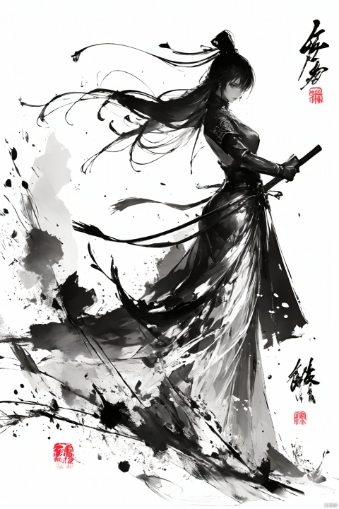  A girl, Chinese style, knight-errant, elegant long skirt, martial arts, Keywords ink bamboo, bamboo forest,with pieces of ink bamboo behind her, all taken, Ink scattering_Chinese style, Anime, yjmonochrome, smwuxia Chinese text blood weapon:sw