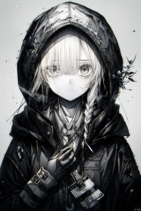  1girl, solo, long hair, gloves, jacket, monochrome, upper body, flower, greyscale, hood, hooded jacket, hood up,broken mask,sadness, hitoroa