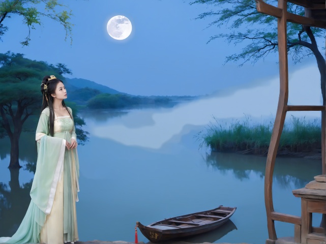 Under the moon, there was a young woman dressed in ancient Chinese Hanfu, standing in the attic beside the river, looking up at the distant river, the young woman's expression was solemn, there were several boats on the river shrouded in fog,